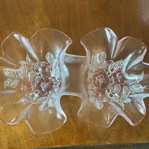 Vintage pink art glass double candy bowl ruffled edges with flowers.
